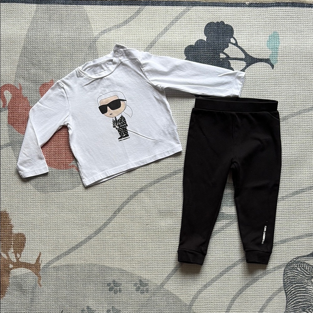 Karl Lagerfeld Kids White Graphic Long Sleeve Shirt and Black Pants Set